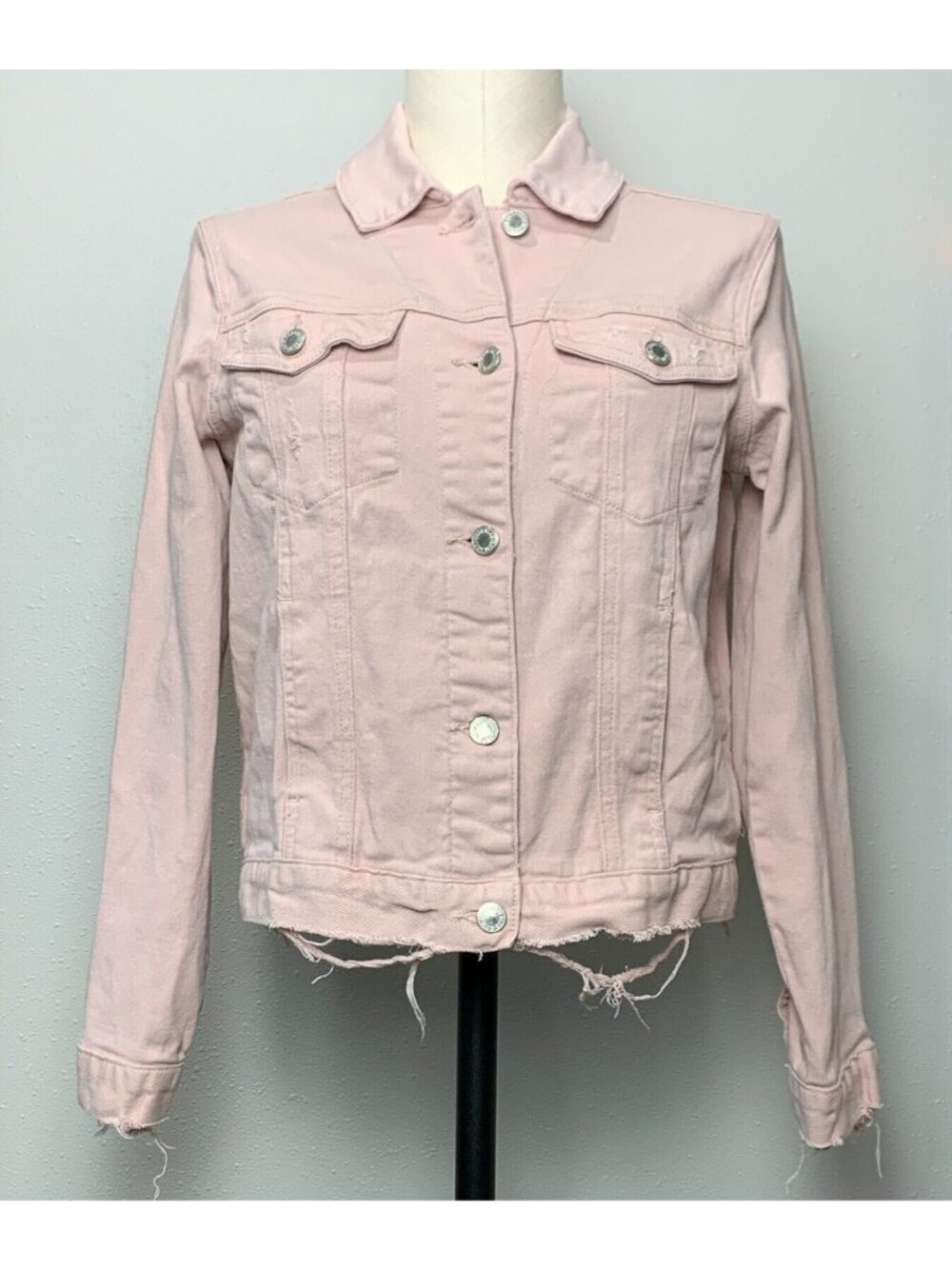 Judy Blue Womens Pink Denim Jacket Size S Distressed Hem Button Up Pockets